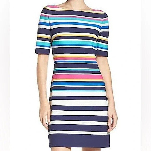 Eliza J Striped Shift Midi Dress Half Sleeve Lined Multi Colored Size 2 Petite - Picture 1 of 12
